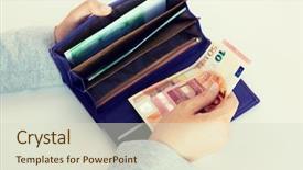  Presentation with hands saving - Slide deck featuring hands with wallet and euro background and a soft green colored foreground