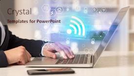  Presentation with digital - Presentation theme having hands-working-on-laptop background and a soft green colored foreground