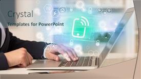  Presentation with digital - Presentation design consisting of hands-working-on-laptop background and a sky blue colored foreground