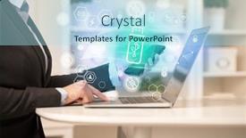  Presentation with digital - PPT theme having hands-working-on-laptop background and a light blue colored foreground