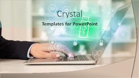  Presentation with digital - Presentation theme with hands-working-on-laptop background and a mint green colored foreground