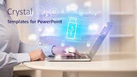  Presentation with digital - Presentation theme with hands-working-on-laptop background and a sky blue colored foreground