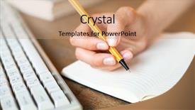  Presentation with writing pen - Slide deck featuring hands writes a pen background and a coral colored foreground