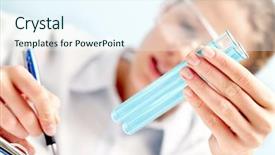  Presentation with test tubes - Presentation theme with hands writing results of analysis background and a sky blue colored foreground