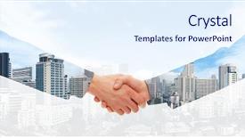  Presentation with creative - Theme featuring handshake and a city double background and a sky blue colored foreground