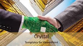  Presentation with human machine - Presentation theme consisting of handshake between machine and human background and a yellow colored foreground