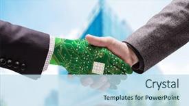  Presentation with human machine - Cool new slide deck with handshake between machine and human backdrop and a sky blue colored foreground