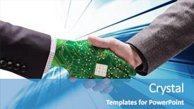  Presentation with human machine - Presentation design featuring handshake between machine and human background and a teal colored foreground