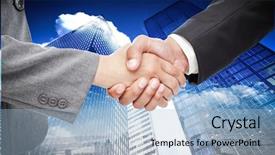  Presentation with skyscraper - PPT theme having handshake between two business people against skyscraper background and a light blue colored foreground