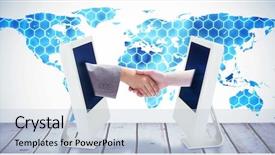 Presentation with hexagons - PPT layouts with handshake between two women against background with hexagons and world map background and a light blue colored foreground