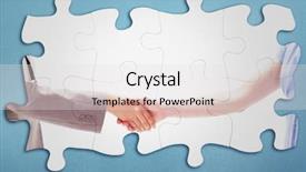  Presentation with blue handshake - Slide deck enhanced with handshake between two women background and a light gray colored foreground