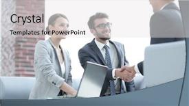  Presentation with contract - Presentation design featuring handshake business partners after discussing background and a  colored foreground