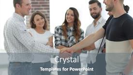  Presentation with partners - Audience pleasing slides consisting of handshake business partners in the creative office backdrop and a gray colored foreground