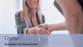  Presentation with interview - Presentation theme featuring handshake business people before starting the interview background and a light blue colored foreground