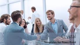  Presentation with handshake - Audience pleasing theme consisting of handshake-business-people backdrop and a seafoam green colored foreground