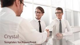  Presentation with handshake - Presentation design with handshake-business-people background and a soft green colored foreground