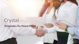  Presentation with business partner - Amazing PPT theme having handshake business women and business partner backdrop and a lemonade colored foreground