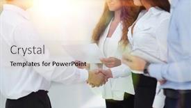  Presentation with business partner - Amazing PPT theme having handshake business women and business partner backdrop and a soft green colored foreground