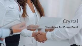  Presentation with business partner - Cool new PPT theme with handshake-business-women-and-business backdrop and a light gray colored foreground