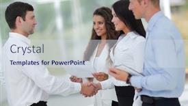  Presentation with business partner - Audience pleasing PPT theme consisting of handshake business women and business partner backdrop and a sky blue colored foreground