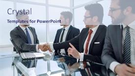  Presentation with negotiating - Slide deck with handshake financial partners over the negotiating table background and a sky blue colored foreground