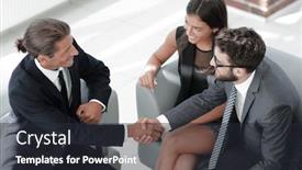  Presentation with lobby - Presentation design with handshake manager and the client sitting in the office lobby background and a dark gray colored foreground