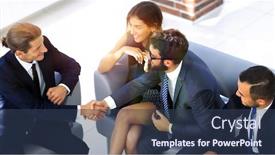  Presentation with lobby - Colorful slides enhanced with handshake manager and the client sitting in the office lobby backdrop and a ocean colored foreground