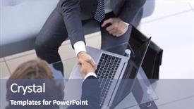  Presentation with partners - Audience pleasing presentation design consisting of handshake of business partners above backdrop and a ocean colored foreground