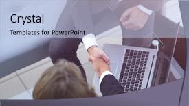  Presentation with partners - Colorful slides enhanced with handshake of business partners above backdrop and a light blue colored foreground