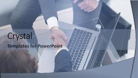  Presentation with business and politics handshake - Theme having handshake of business partners above background and a seafoam green colored foreground