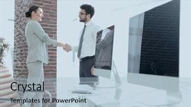  Presentation with business partner - Audience pleasing PPT theme consisting of handshake of business partners backdrop and a  colored foreground