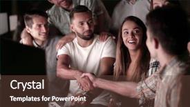  Presentation with employee relations - Colorful slide deck enhanced with handshake of employees backdrop and a tawny brown colored foreground