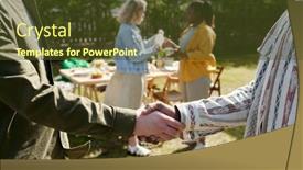  Presentation with outdoor party - Presentation theme featuring handshake-of-two-young-intercultural background and a tawny brown colored foreground