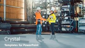  Presentation with logistics warehouse - Audience pleasing presentation design consisting of handshake-of-worker-and-customer backdrop and a seafoam green colored foreground