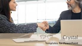  Presentation with negotiating - Slides having handshake-of-young-and-mature background and a soft green colored foreground