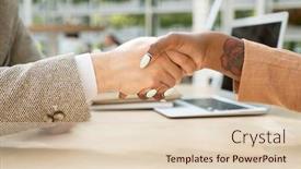  Presentation with new deal - Cool new PPT layouts with handshake-of-young-intercultural-business backdrop and a lemonade colored foreground