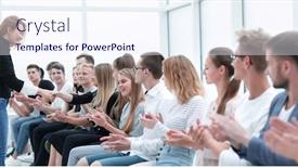  Presentation with young business people - Presentation having handshake-of-young-people-during background and a sky blue colored foreground