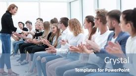  Presentation with business training - PPT layouts having handshake-of-young-people-during background and a teal colored foreground