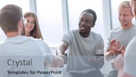  Presentation with circle - Slide deck with handshake-of-young-people background and a light blue colored foreground