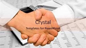  Presentation with pen - Presentation theme featuring handshake over paper and pen blurry computer in the background background and a coral colored foreground