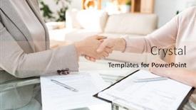  Presentation with negotiating - Colorful presentation theme enhanced with handshake over table of young and mature females after negotiating and signing financial papers backdrop and a lemonade colored foreground