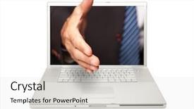  Presentation with handshake - PPT theme having handshake through laptop screen background and a sky blue colored foreground
