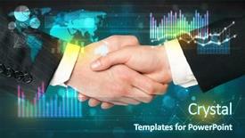  Presentation with handshake - Colorful slides enhanced with handshake with charts and diagrams background backdrop and a ocean colored foreground
