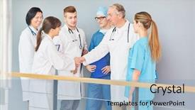  Presentation with share value - Colorful slides enhanced with handshake with team of physician backdrop and a light blue colored foreground