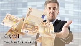  Presentation with throwing the rugbyball - Colorful slide deck enhanced with handsome adult businessman throwing euro backdrop and a coral colored foreground