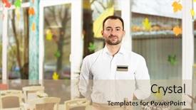  Presentation with restaurant waiter - Slide deck featuring handsome adult waiter at restaurant background and a soft green colored foreground