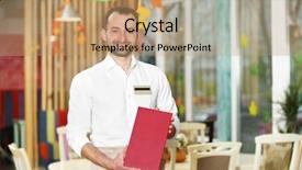  Presentation with restaurant waiter - PPT layouts having handsome adult waiter with menu at restaurant background and a coral colored foreground