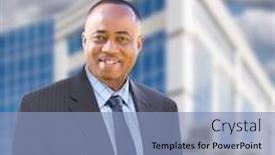  Presentation with corporate - PPT theme with handsome african american businessman in front of corporate building background and a light blue colored foreground