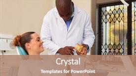  Presentation with african american patient - Beautiful presentation theme featuring handsome african american dentist explaining backdrop and a  colored foreground