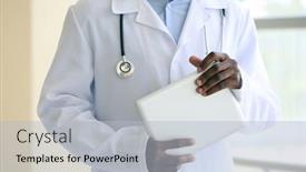  Presentation with digital hospital - PPT theme consisting of handsome african american doctor holding digital tablet in hospital background and a light blue colored foreground